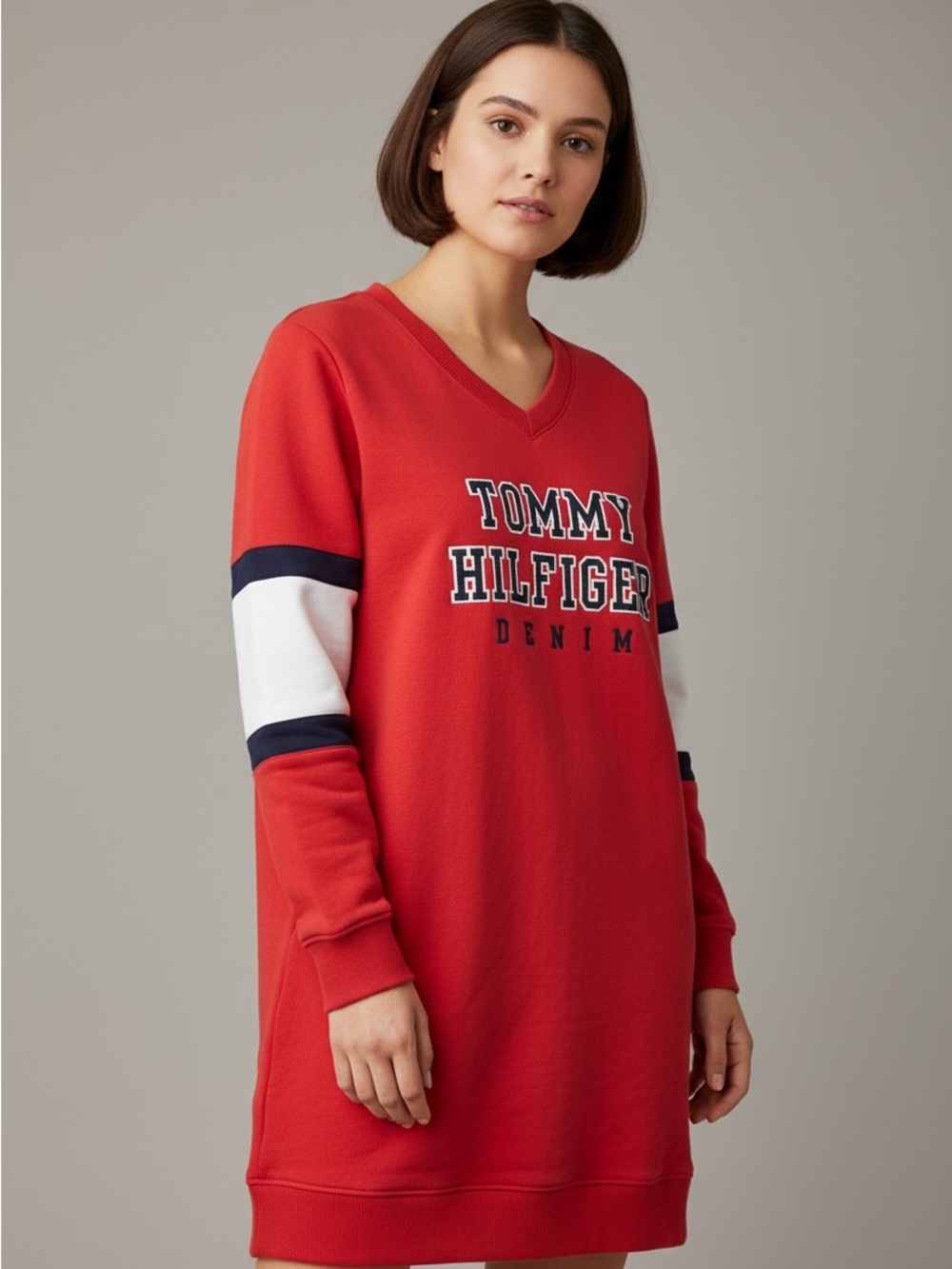 Tommy Hilfiger Red V-Neck Logo Sweatshirt Dress with Navy & White Sleeve Stripes